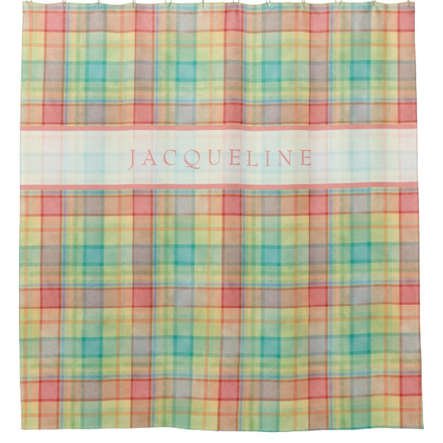 Modern Bright Colour Plaid Watercolor Pattern Name Shower Curtain (Front)