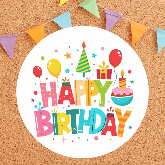 Modern Bright Colourful Classic Happy Birthday  Classic Round Sticker (Creator Uploaded)