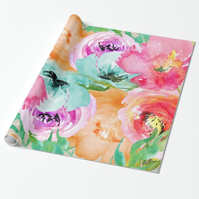 Modern Bright Colourful Floral Watercolor Chic Wrapping Paper (Unrolled)