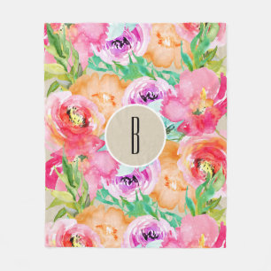Modern Bright Colourful Floral Watercolor Kraft Fleece Blanket