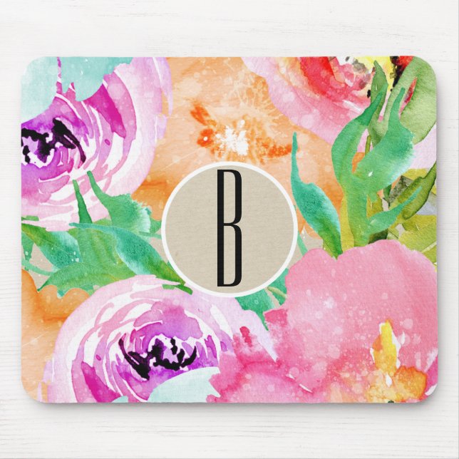 Modern Bright Colourful Floral Watercolor Kraft Mouse Mat (Front)