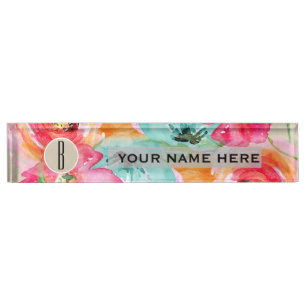 Modern Bright Colourful Floral Watercolor Kraft Nameplate