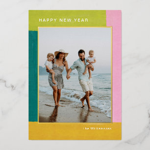 Modern Bright Colourful New Years Family Photo Gol Foil Holiday Card