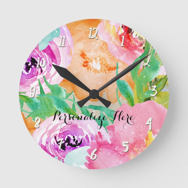 Modern Bright Colourful Spring Floral Watercolor Round Clock (Front)