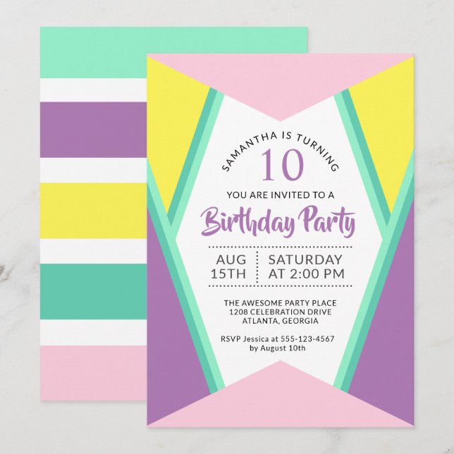 Modern Bright Colours Girl's Birthday Party Invitation (Front/Back)