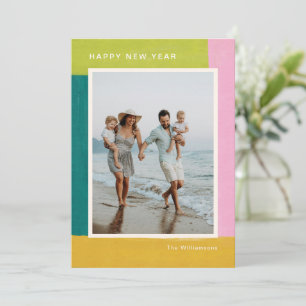Modern Bright Cute Colourful New Years Family Phot Holiday Card