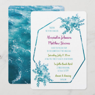 Modern Bright Floral Blue Ocean Photo Wedding Invitation