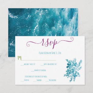 Modern Bright Floral Blue Ocean Photo Wedding RSVP