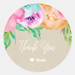 Modern Bright Floral Brown Kraft Bridal Shower Classic Round Sticker