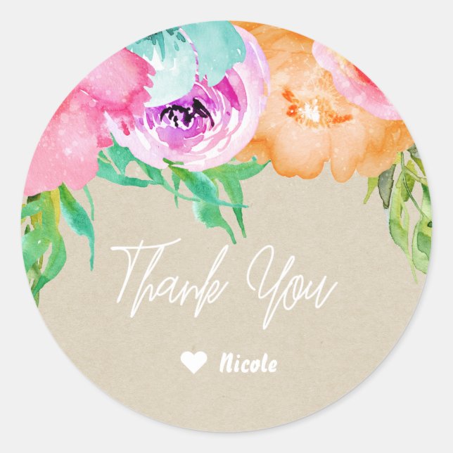 Modern Bright Floral Brown Kraft Bridal Shower Classic Round Sticker (Front)