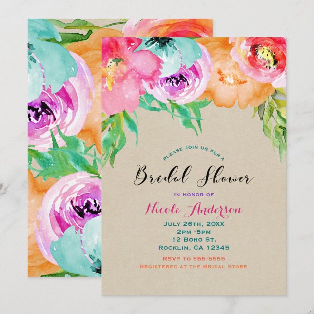 Modern Bright Floral Brown Kraft Bridal Shower Invitation (Front/Back)