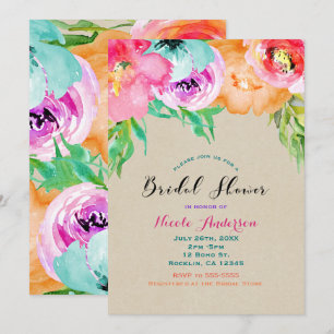 Modern Bright Floral Brown Kraft Bridal Shower Invitation