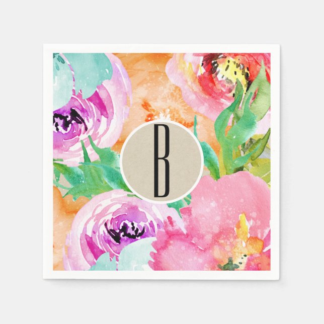 Modern Bright Floral Brown Kraft Bridal Shower Napkin (Front)