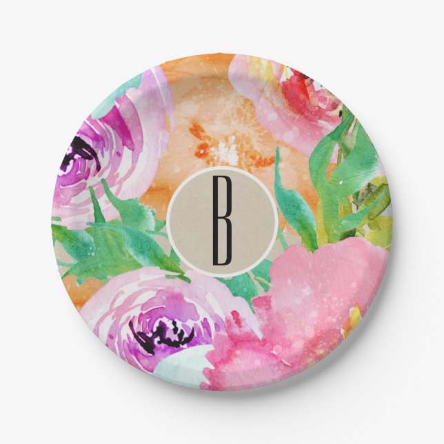 Modern Bright Floral Brown Kraft Bridal Shower Paper Plate (Front)