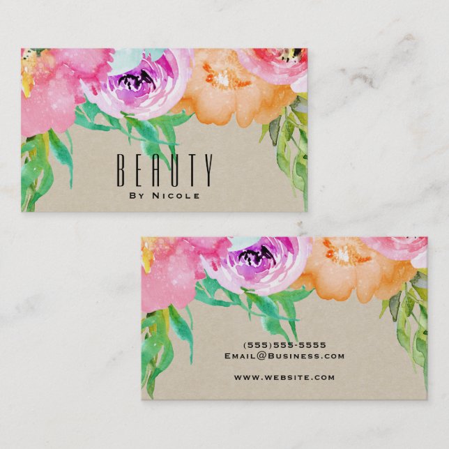 Modern Bright Floral Brown Kraft Glam Country Chic Business Card (Front/Back)