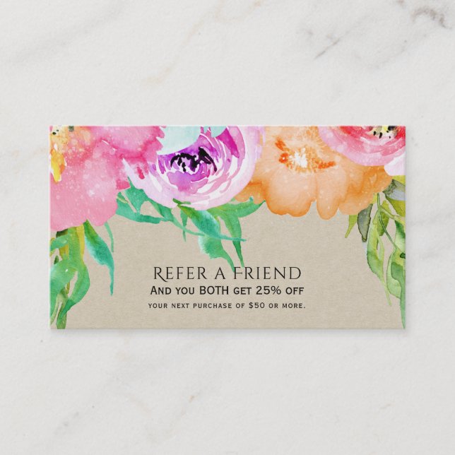 Modern Bright Floral Brown Kraft Refer a Friend Referral Card (Front)