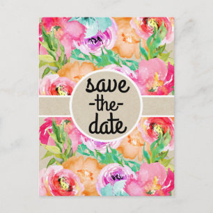 Modern Bright Floral Brown Kraft Save the Date Announcement Postcard