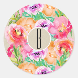 Modern Bright Floral Watercolor Kraft Chic Favour Classic Round Sticker