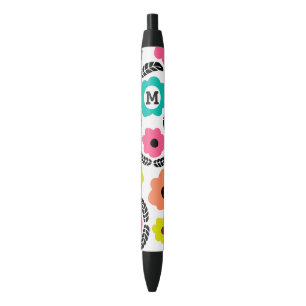Modern Bright Flowers and Black Leaf Monogram Black Ink Pen