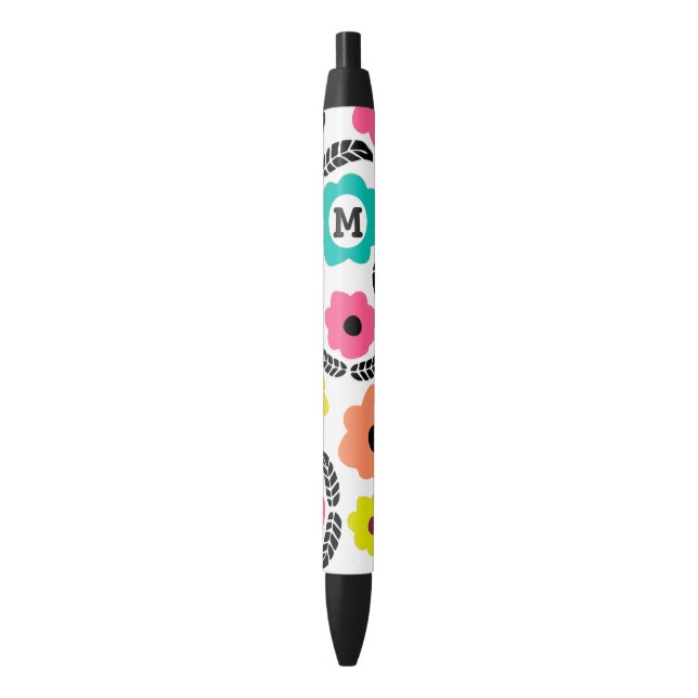 Modern Bright Flowers and Black Leaf Monogram Black Ink Pen (Front Vertical)