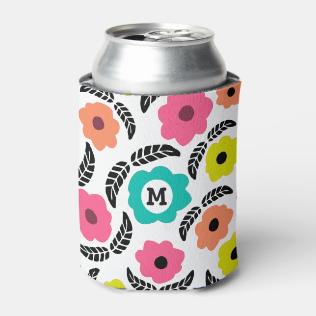 Modern Bright Flowers and Black Leaf Monogram Can Cooler (Can Front)