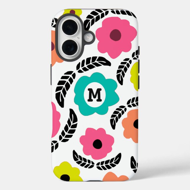 Modern Bright Flowers and Black Leaf Monogram Case-Mate iPhone Case (Back)