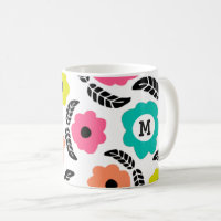 Modern Bright Flowers and Black Leaf Monogram