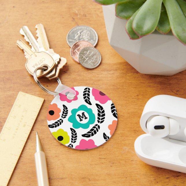Modern Bright Flowers and Black Leaf Monogram Key Ring (Desk)
