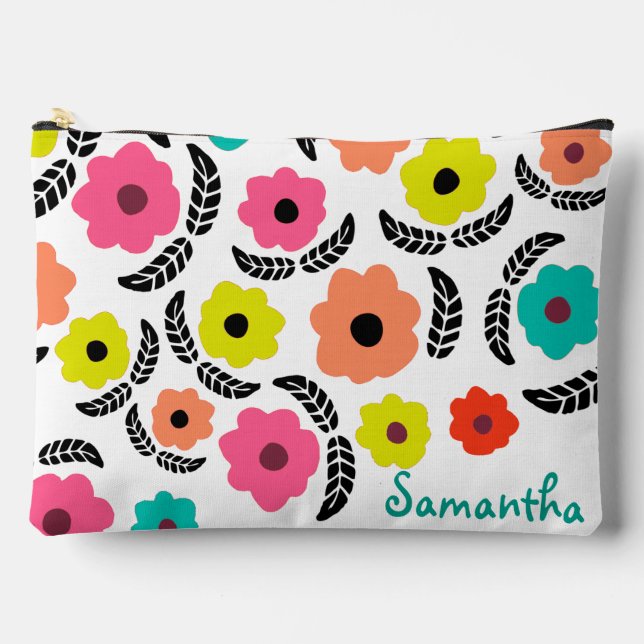 Modern Bright Flowers and Black Leaf Personalised Accessory Pouch (Front)