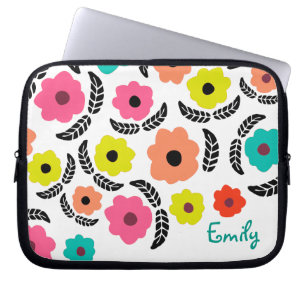 Modern Bright Flowers and Black Leaf Personalised Laptop Sleeve