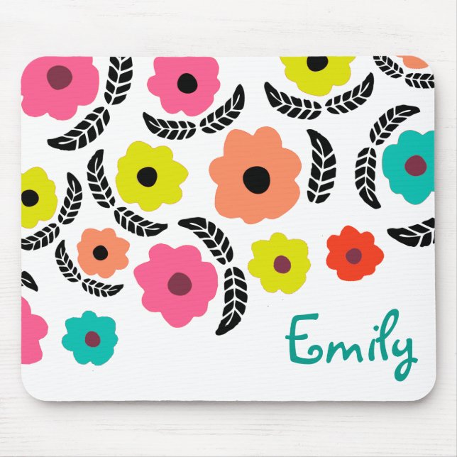 Modern Bright Flowers and Black Leaf Personalised Mouse Mat (Front)