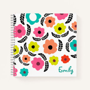 Modern Bright Flowers and Black Leaf Personalised Notebook