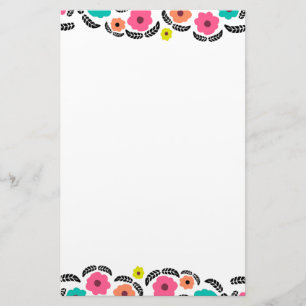 Modern Bright Flowers and Black Leaf Stationery