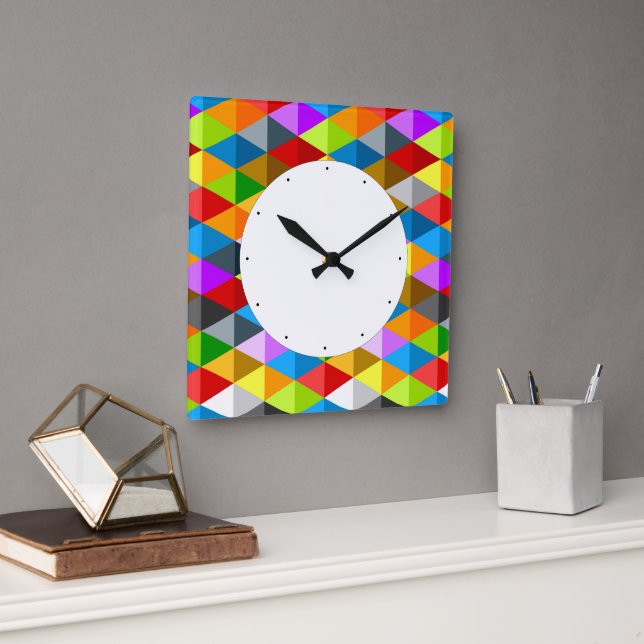 Modern bright funky colourful triangles pattern square wall clock (Office)