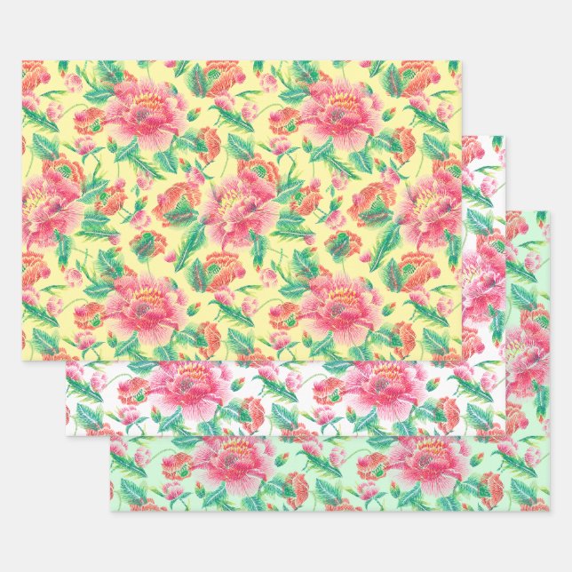 Modern Bright Girly Pink Flowers Pattern Wrapping Paper Sheet (Set)