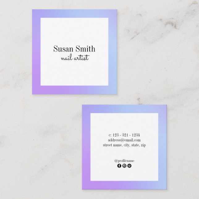 Modern bright gradient purple & blue nail artist  square business card (Front/Back)
