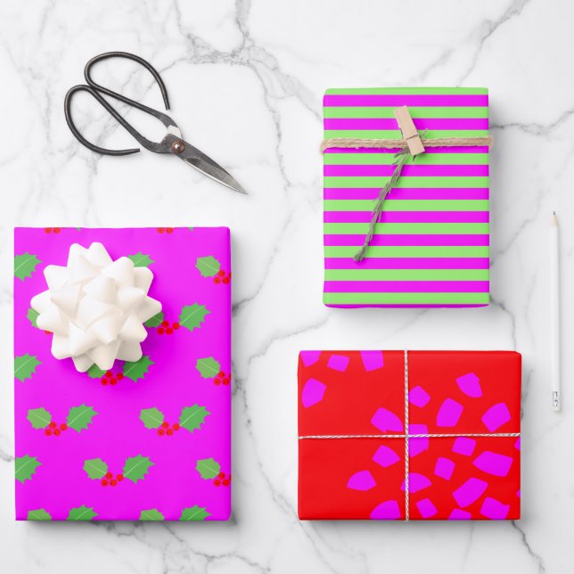 Modern Bright Green Red Hot Pink Christmas Wrapping Paper Sheet (Front)