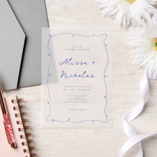 Modern Bright Hand Drawn Blue Border Wedding Vellum Invitations