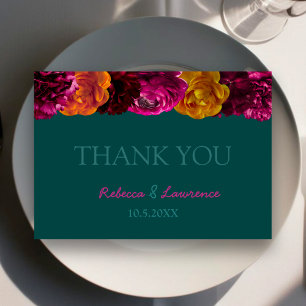 Modern bright hot pink green floral wedding thank you card