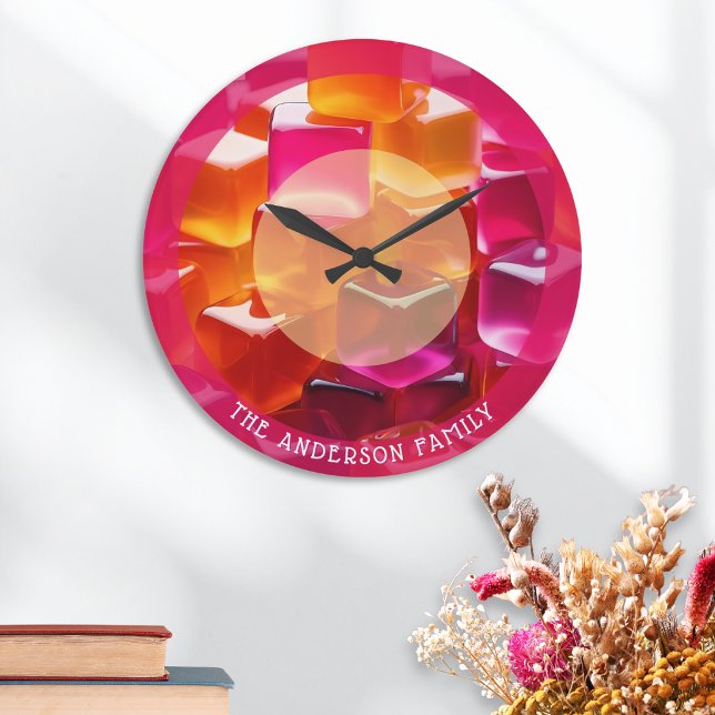 Modern Bright Jelly Cubes Pink Orange Personalised Large Clock (A personalized wall clock with bright pink and orange gummy jelly cubes design)
