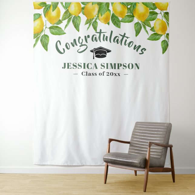 Modern Bright Lemons Photo Booth Backdrop Tapestry (In Situ)