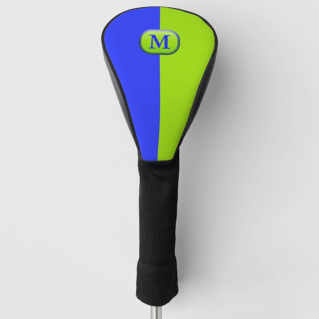 Modern Bright Neon Blue Green Monogram Golf Head Cover (Front)
