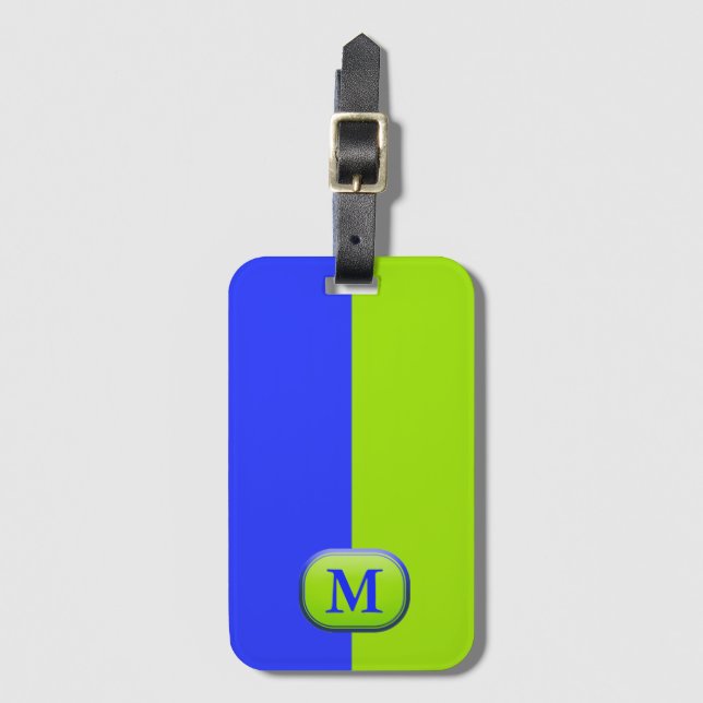 Modern Bright Neon Blue Green Monogram Luggage Tag (Front Vertical)