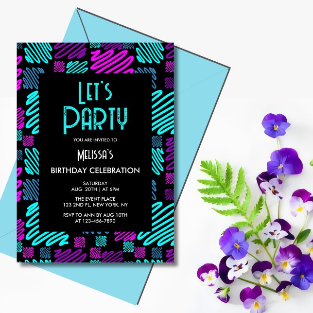 Modern Bright Neon Geometric Pattern Birthday  Invitation (Creator Uploaded)