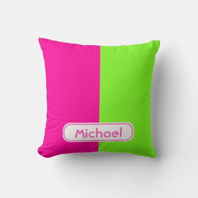 Modern Bright Neon Pink Green Monogram Cushion (Front)