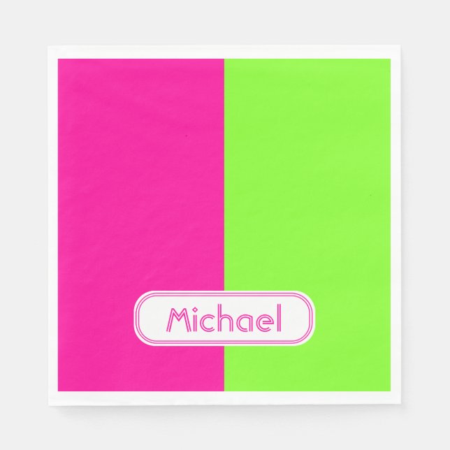 Modern Bright Neon Pink Green Monogram Napkin (Front)