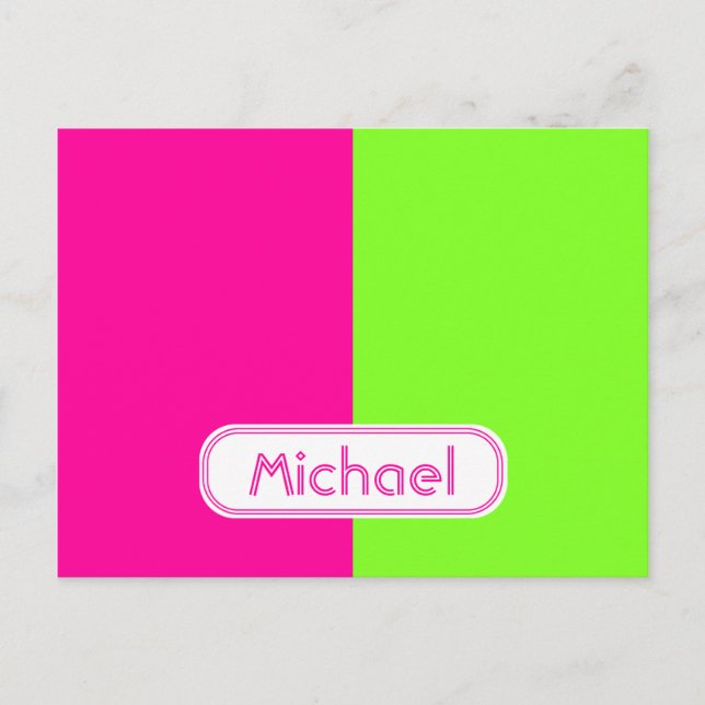 Modern Bright Neon Pink Green Monogram Postcard (Front)
