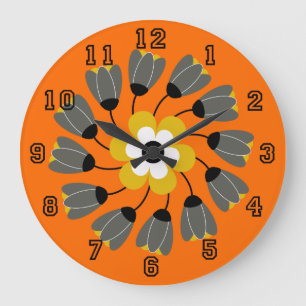 Modern Bright Orange Round Floral Swirl Large Clock
