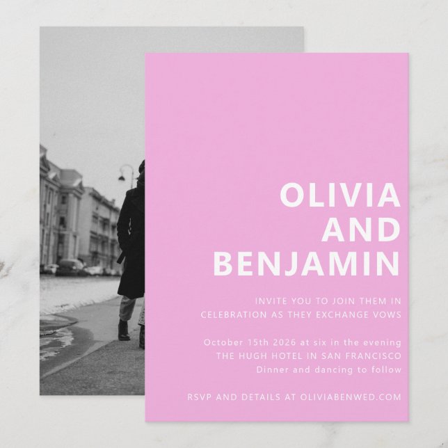 Modern Bright Pink Bold Typography Photo Wedding Invitation (Front/Back)