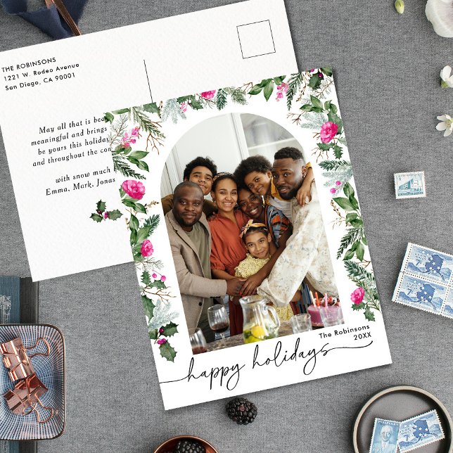 Modern Bright Pink Botanical Arch 1 Photo Holiday Postcard (Creator Uploaded)